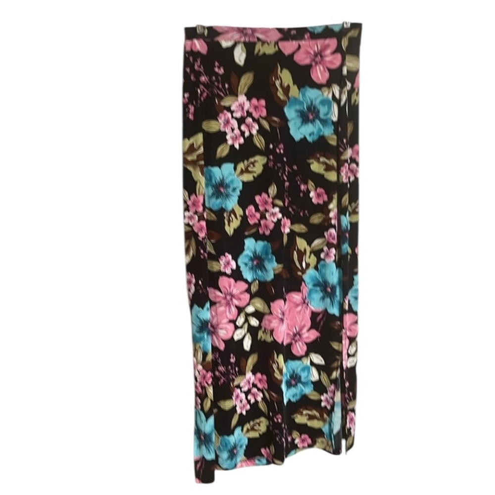 Notations size small black floral print maxi skirt elastic waist side slit